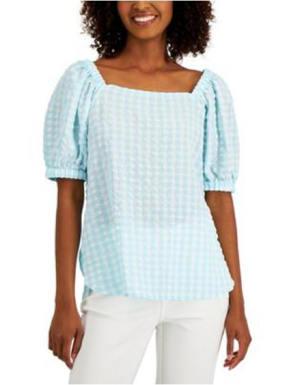 Square Neck Puff Sleeve Top in Light Blue and White Gingham